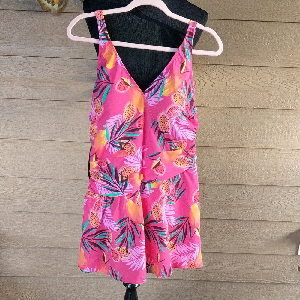 New! Denim & Co Beach Vibrant Pink Tropical Print Swim Dress